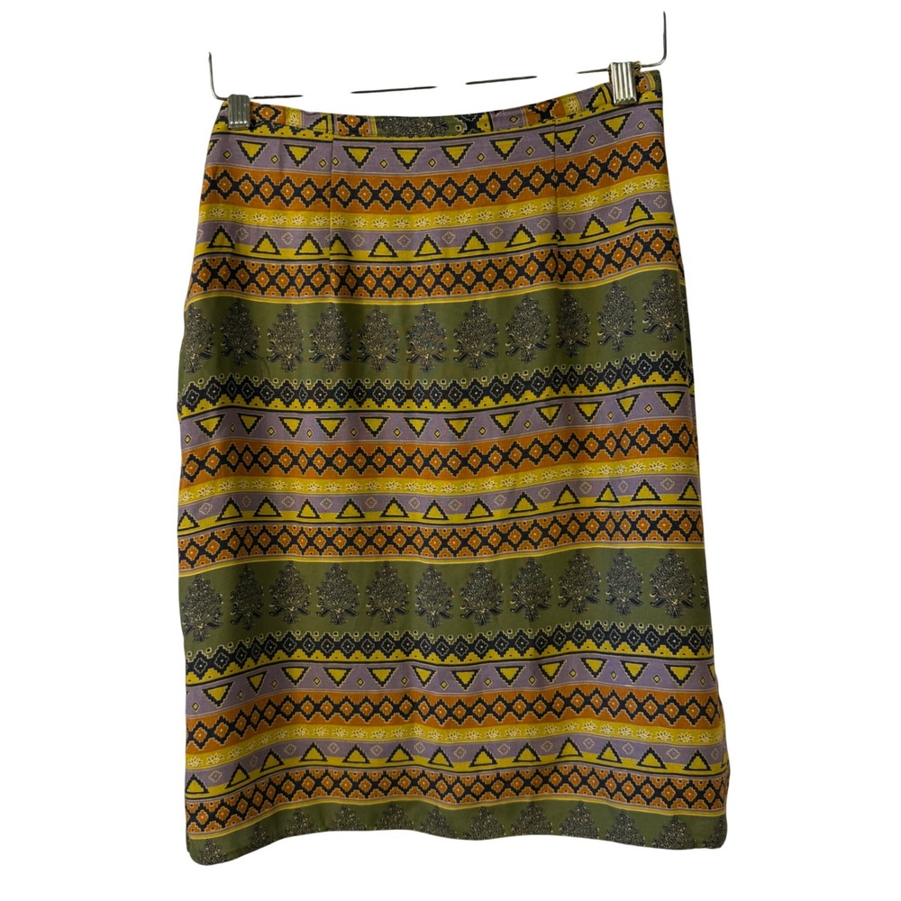 Intriguing Threads Vintage Boho Geometric Print Pencil Skirt Olive Green Size 4